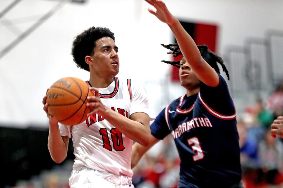 Jayse Creavalle of Palm Springs High looks to pass as Jahmir Hampton of Maranatha defends in their second CIF-SS boys' basketball playoff game in Palm Springs, Calif., on Friday, Feb. 10, 2023.