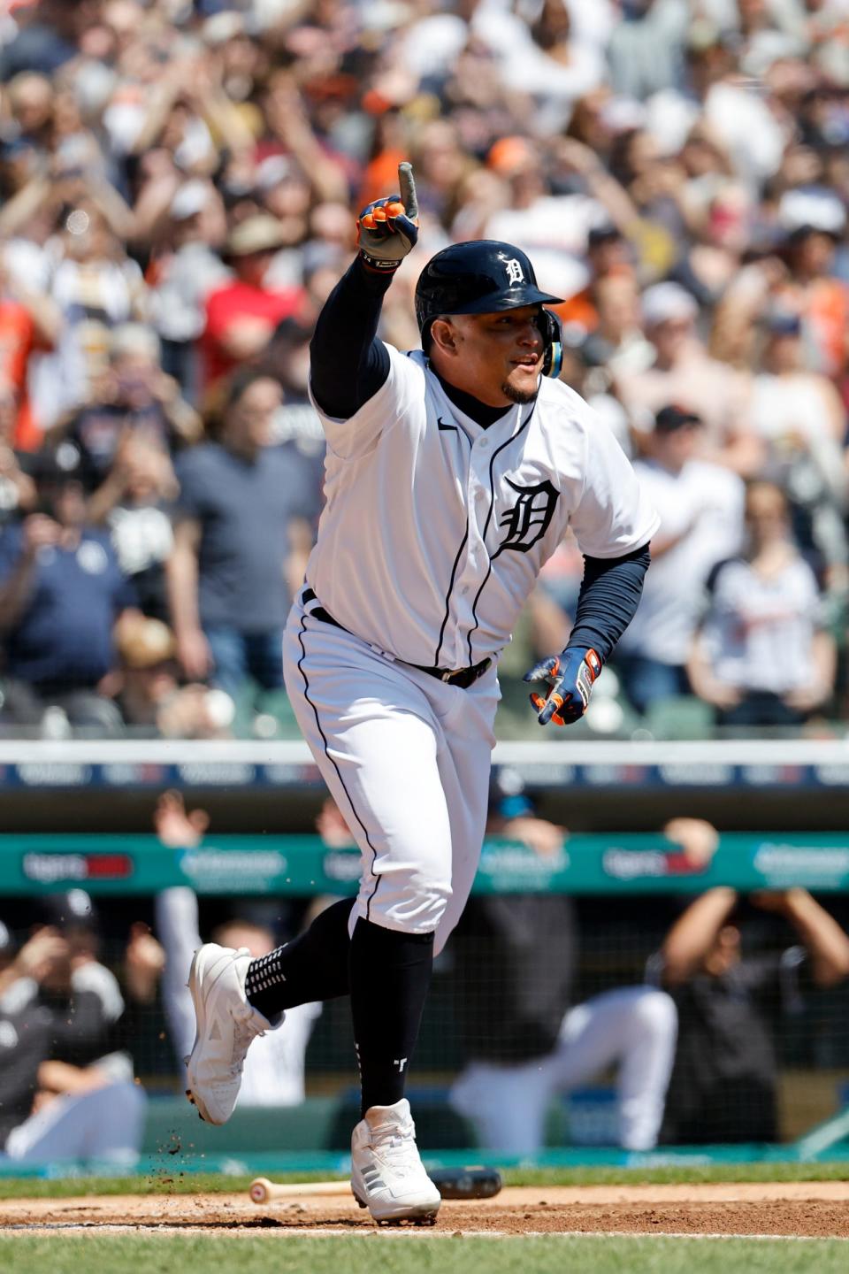 Detroit Tigers designated hitter Miguel Cabrera celebrates after he singles for his 3,000th career hit in the first inning against the Colorado Rockies at Comerica Park, April 23, 2022.