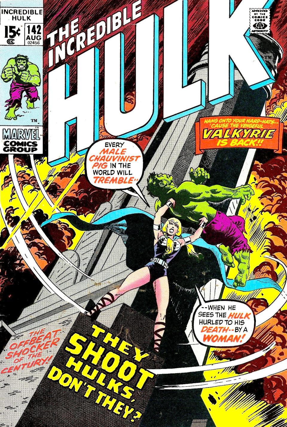 Valkyrie vs. Hulk on the cover of <i>The Incredible Hulk</i> 142. (Image: Marvel Comics)
