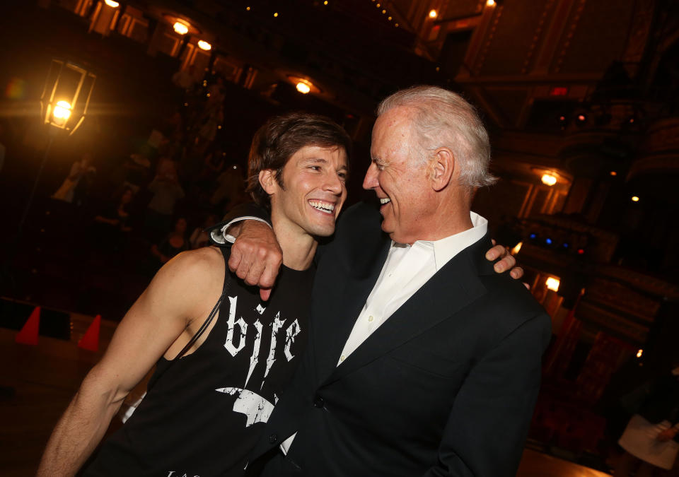 NEW YORK, NY - JULY 27:  Thayne Jasperson and Vice President of the United States Joe Biden pose backstage at the hit new musical 'Hamilton' on Broadway at The Richard Rogers Theater on July 27, 2015 in New York City.  (Photo by Bruce Glikas/FilmMagic)