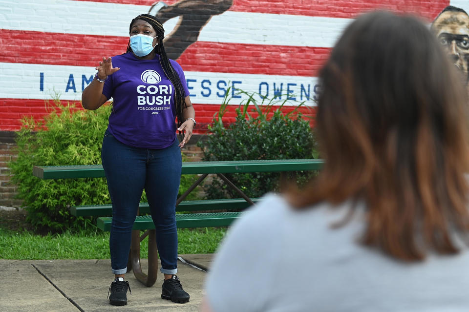 Missouri Democratic congressional candidate Cori Bush speaks to supporters during a canvassing event on August 3, 2020 in St Louis, Missouri. Bush, an activist backed by the progressive group Justice Democrats, is looking to defeat 10-term incumbent Representative William Lacy Clay in Tuesday's election. / Credit: Michael B. Thomas / Getty Images