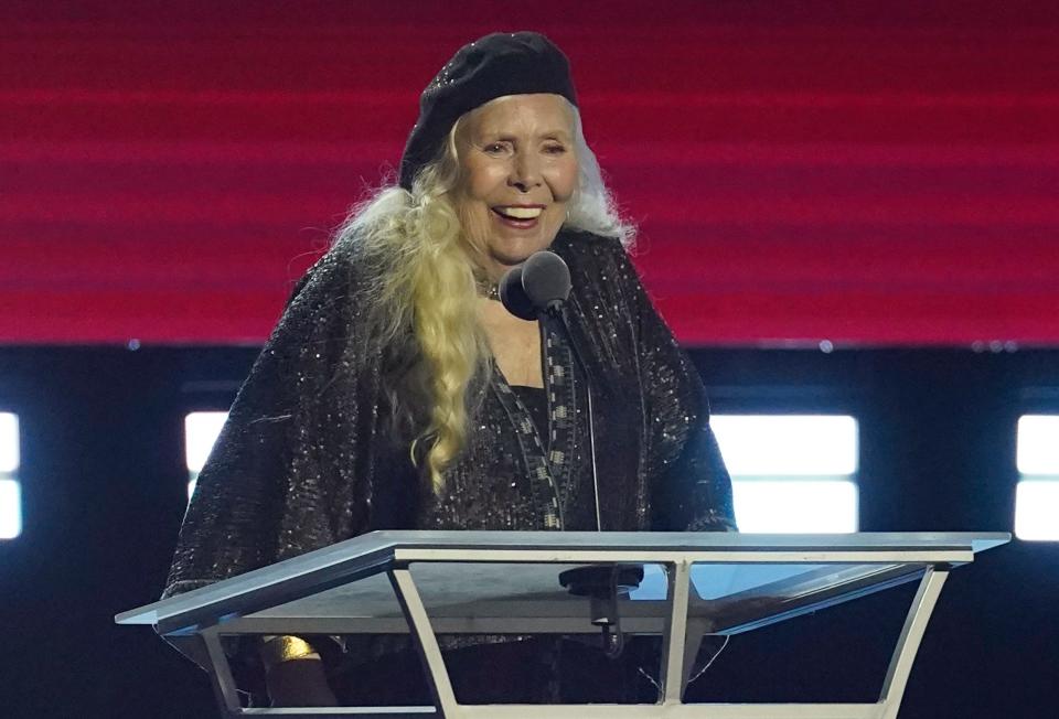Joni Mitchell accepts the Person of the Year award at the 31st annual MusiCares benefit gala on Friday, April 1, 2022, at the MGM Grand Conference Center in Las Vegas.