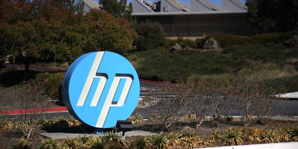 The Hewlett Packard (HP) logo is displayed in front of the office complex on October 04, 2019 in Palo Alto, California.