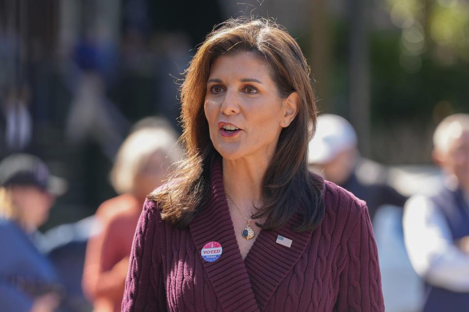 Feb 24, 2024; Kiawah Island, SC, USA; Republican presidential candidate and former South Carolina governor Nikki Haley spoke with the press after voting in Saturday’s GOP primary Saturday in Kiawah Island. Megan Smith-USA TODAY