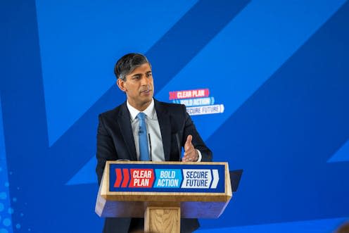 <span class="caption">Rishi Sunak launches the 2024 Conservative Party manifesto.</span> <span class="attribution"><a class="link " href="https://www.flickr.com/photos/conservativeparty/53785063355/" rel="nofollow noopener" target="_blank" data-ylk="slk:The Conservative Party/Flickr;elm:context_link;itc:0;sec:content-canvas">The Conservative Party/Flickr</a>, <a class="link " href="http://creativecommons.org/licenses/by-nc-nd/4.0/" rel="nofollow noopener" target="_blank" data-ylk="slk:CC BY-NC-ND;elm:context_link;itc:0;sec:content-canvas">CC BY-NC-ND</a></span>