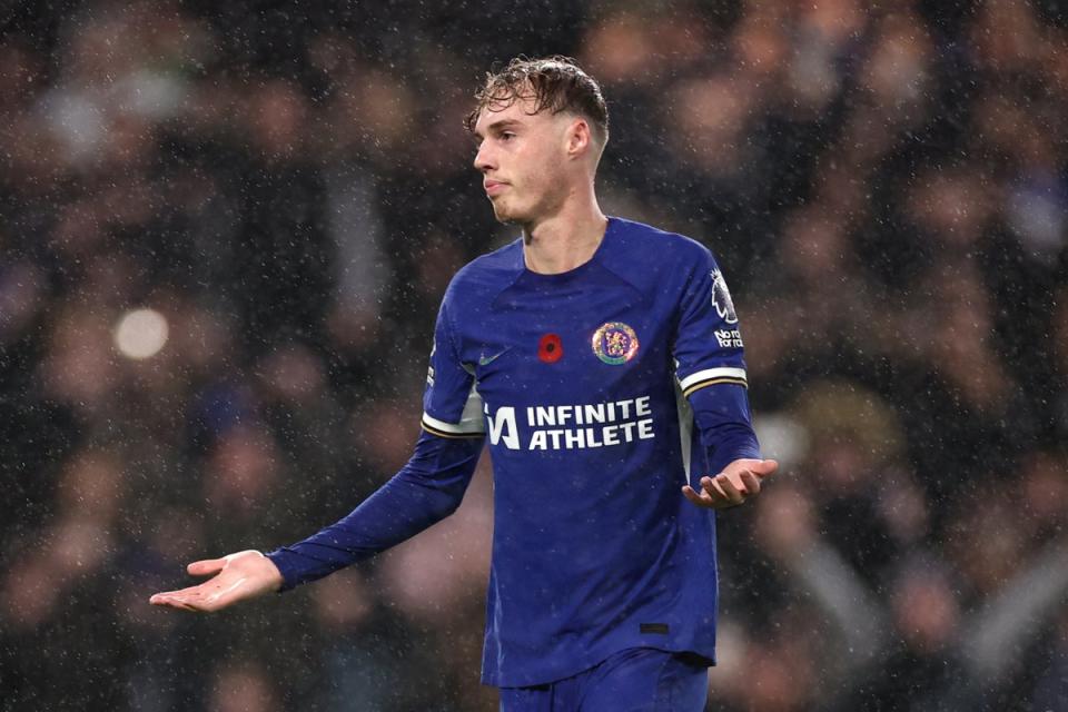 Ice cool: Cole Palmer celebrated with a shrug after scoring a penalty against former club Manchester City (Getty Images)