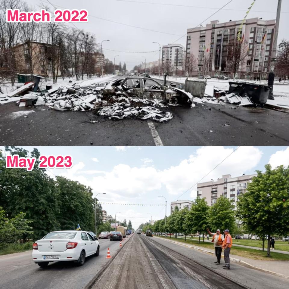 A main street in Bucha photographed on March 1, 2022, during a pause in fighting, and then again more than a year later May 2023
