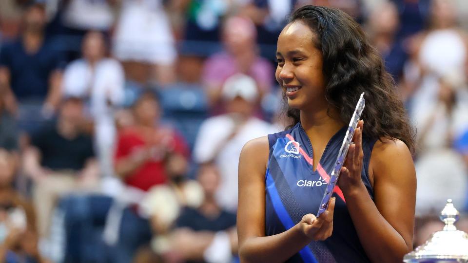 NEW YORK, NEW YORK - SEPTEMBER 11: Leylah Annie Fernandez of Canada celebrates with the runner-up trophy after being defeated by Emma Raducanu of Great Britain during their Women's Singles final match on Day Thirteen of the 2021 US Open at the USTA Billie Jean King National Tennis Center on September 11, 2021 in the Flushing neighborhood of the Queens borough of New York City. (Photo by Al Bello/Getty Images)