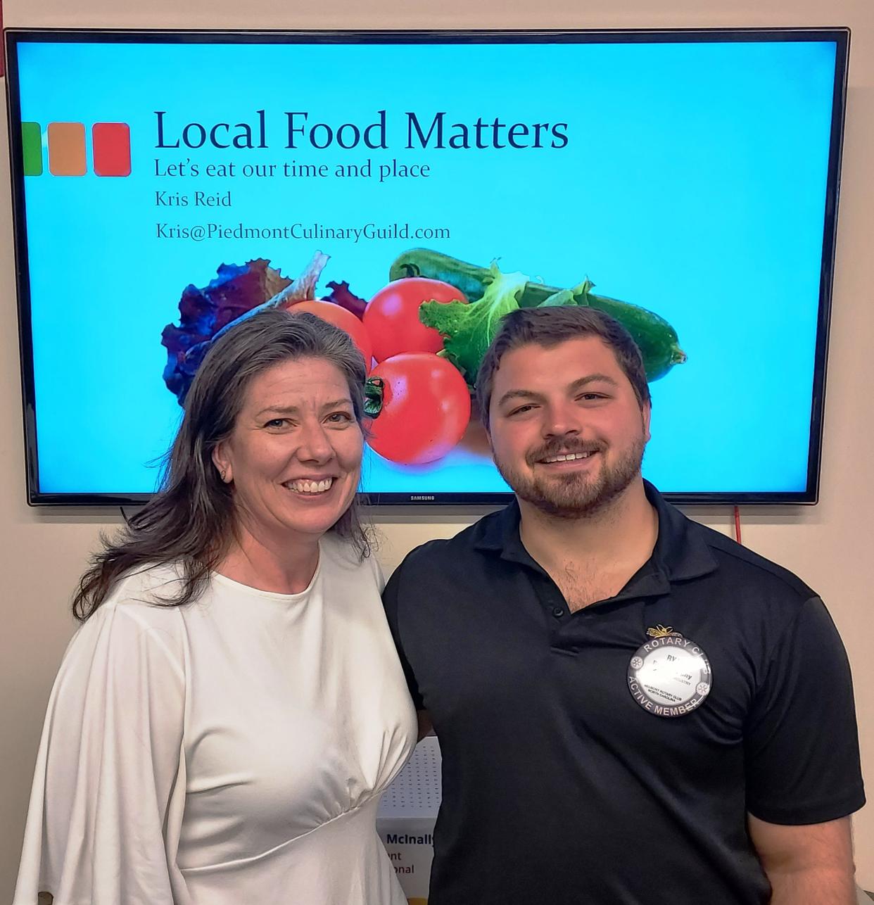 Piedmont Culinary Guild founder and executive director Kris Reid (left) spoke recently to Belmont Rotarians about the importance of protecting farmland and eating healthy, locally produced food. With her is the program host Rotarian Ryan Murphy, director of sustainability at Heirloom Restaurant and Honeycomb Café, and founder of the Belmont Farmers Market.