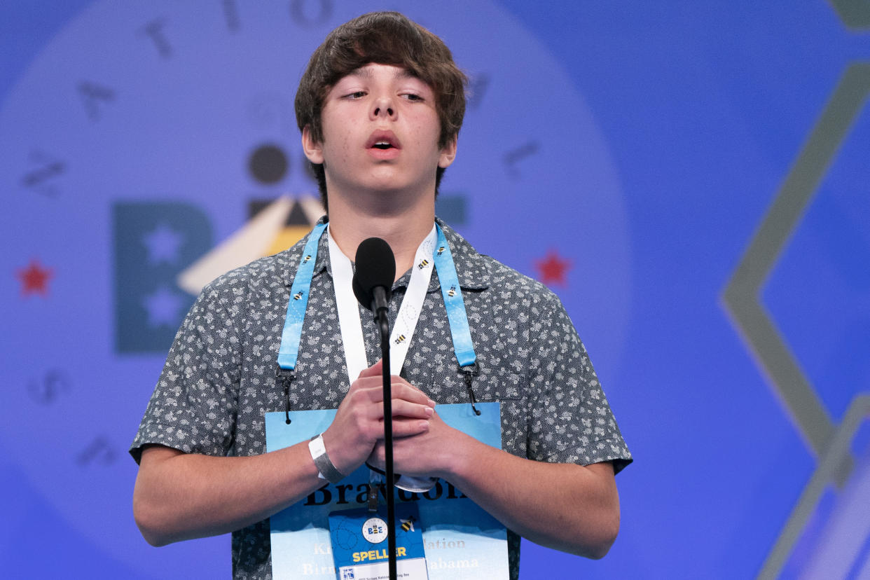 Braydon Syx, 13, exhales on spelling a word correctly, during the Scripps National Spelling Bee, in Oxon Hill, Md., Tuesday, May 31, 2022. (AP Photo/Jacquelyn Martin)