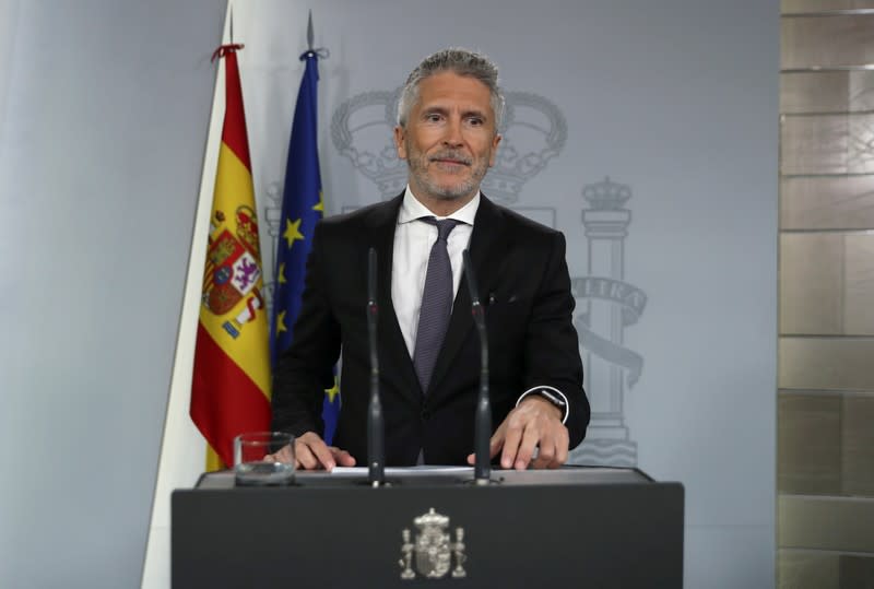 Spain's Interior Minister Fernando Grande-Marlaska speaks during a news conference at Moncloa Palace in Madrid