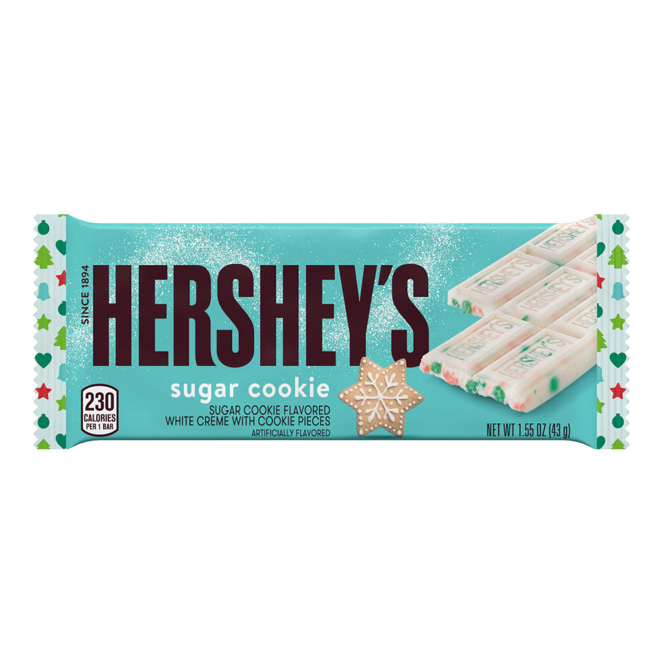 <p>The Hershey's Sugar Cookie Kisses fans know and love have been supersized this year! This <a href="https://www.hersheyland.com/products/hersheys-sugar-cookie-candy-bar-1-55-oz.html" rel="nofollow noopener" target="_blank" data-ylk="slk:candy bar;elm:context_link;itc:0;sec:content-canvas" class="link ">candy bar</a> packs all of the sugar cookie taste in a Hershey's bar size. </p>