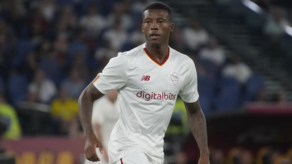 FILE - Roma's Georginio Wijnaldum plays during a friendly soccer match against Shakhtar Donetsk at Rome's Olympic Stadium, Sunday, Aug. 7, 2022. Dropped by the Netherlands because of his lack of game time at Paris Saint-Germain last season, Wijnaldum moved to Roma on loan partly in an attempt to revive his international career ahead of the World Cup. It hasn’t gone to plan. (AP Photo/Gregorio Borgia, File)