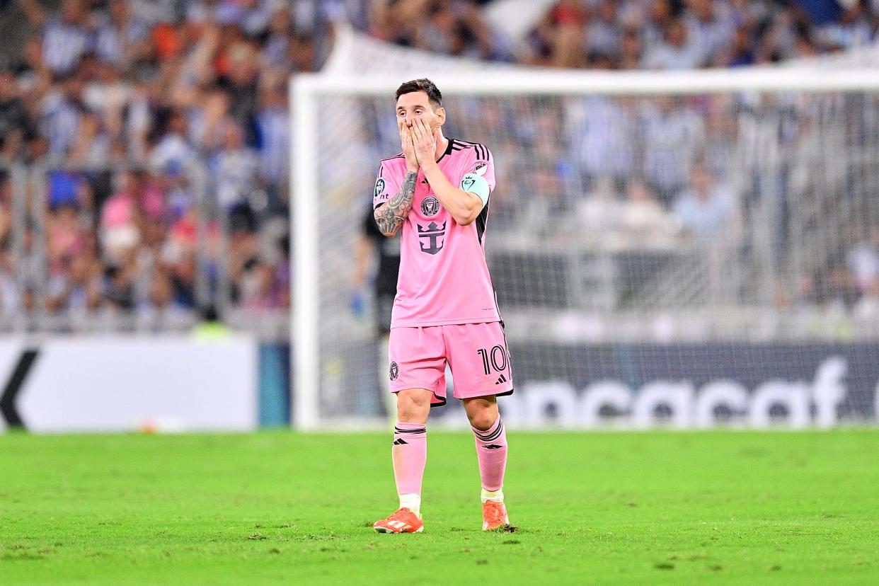 MONTERREY, MEXICO - APRIL 10: Lionel Messi #10 of Inter Miami reacts against Monterrey in the first half during the CONCACAF Champions Cup 2024 Round of Sixteen second leg at BBVA Stadium on April 10, 2024 in Monterrey, Mexico. (Photo by Azael Rodriguez/Getty Images)