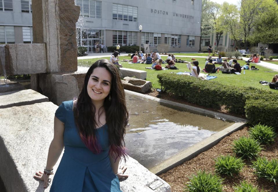 This Thursday, May 2, 2013 photo shows Allison Guarino, 19, a freshman at Boston University, posing on campus in Boston. New rules permitting 15-year-olds to get the morning-after pill without a prescription are being debated by teens as well as adults, with some saying it will help kids who can't confide in an adult, while others say the lower age infringes on a parent's right to know what's going on. Guarino, a political science and public health major, teaches pregnancy prevention to ninth-graders in Boston public schools and says she encounters a lot of ignorance among the kids she works with. (AP Photo/Elise Amendola)