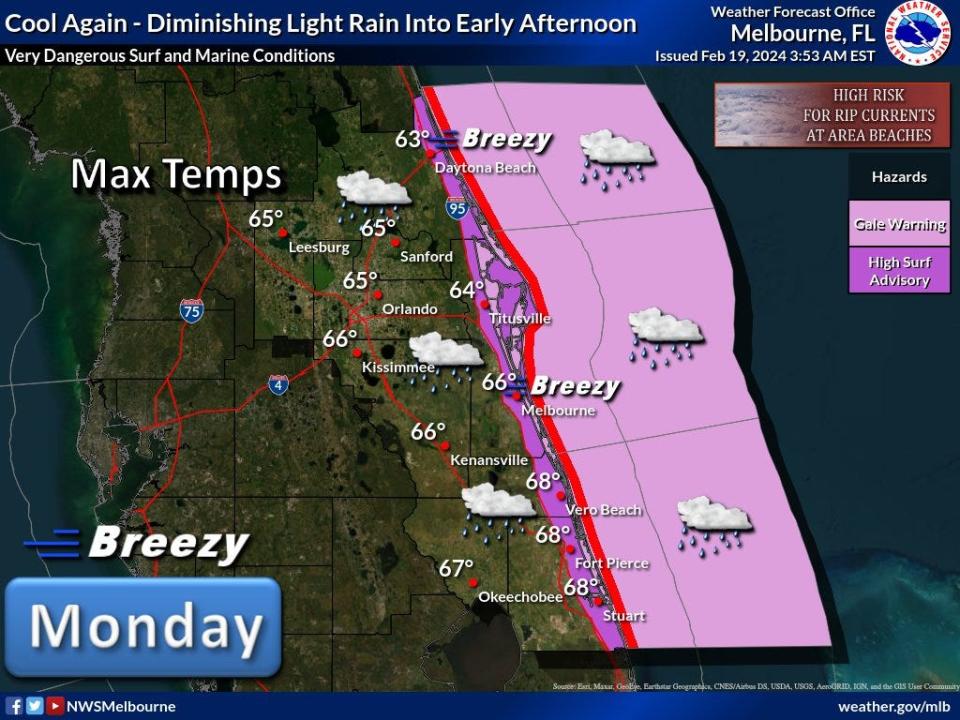 Light rain is expected to diminish Feb. 19, 2024, through the late morning, early afternoon. Expect breezy conditions with gusty winds decreasing through the afternoon.