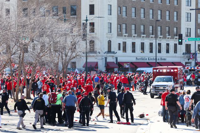 <p> Jamie Squire/Getty</p> Law enforcement and medical personnel respond to a shooting at Union Station during the Kansas City Chiefs Super Bowl LVIII victory parade on February 14, 2024 in Kansas City, Missouri. Several people were shot and two people were detained after a rally celebrating the Chiefs Super Bowl victory