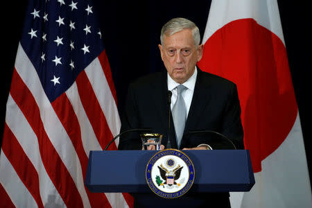 U.S. Defense Secretary James Mattis, with his Japanese counterparts, participates in a news conference after their U.S.-Japan Security talks at the State Department in Washington, U.S., August 17, 2017. REUTERS/Jonathan Ernst