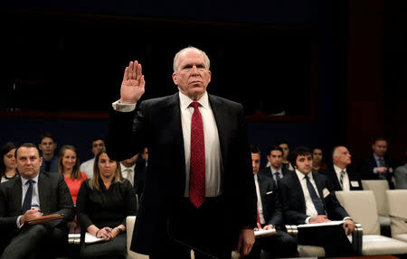 Former CIA director John Brennan is sworn in to testify before the House Intelligence Committee to take questions on “Russian active measures during the 2016 election campaign” in the U.S. Capitol in Washington, U.S., May 23, 2017. REUTERS/Kevin Lamarque