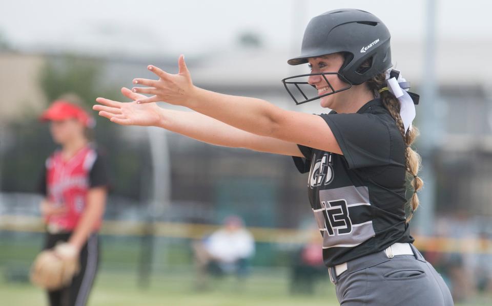 Egg Harbor Township's Payton Colbert celebrates after hitting a single during the South Jersey Group 4 softball final between Egg Harbor Township and Kingsway played at Egg Harbor Township High School on Friday, May 27, 2022.  Due to inclement weather, the game was suspended until Saturday, May 28, 2022.