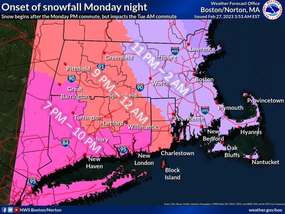 The National Weather Service in Boston has issued a Winter Weather Advisory for southeastern Massachusetts ahead of a snow storm Monday night into Tuesday.