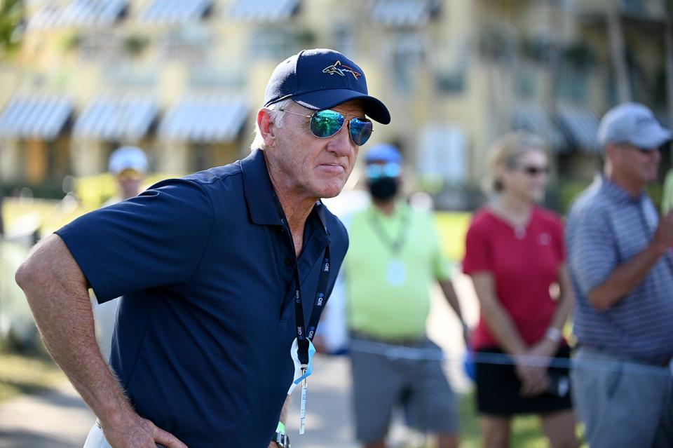 Greg Norman watches play on the 18th green during the QBE Shootout in December 2020.