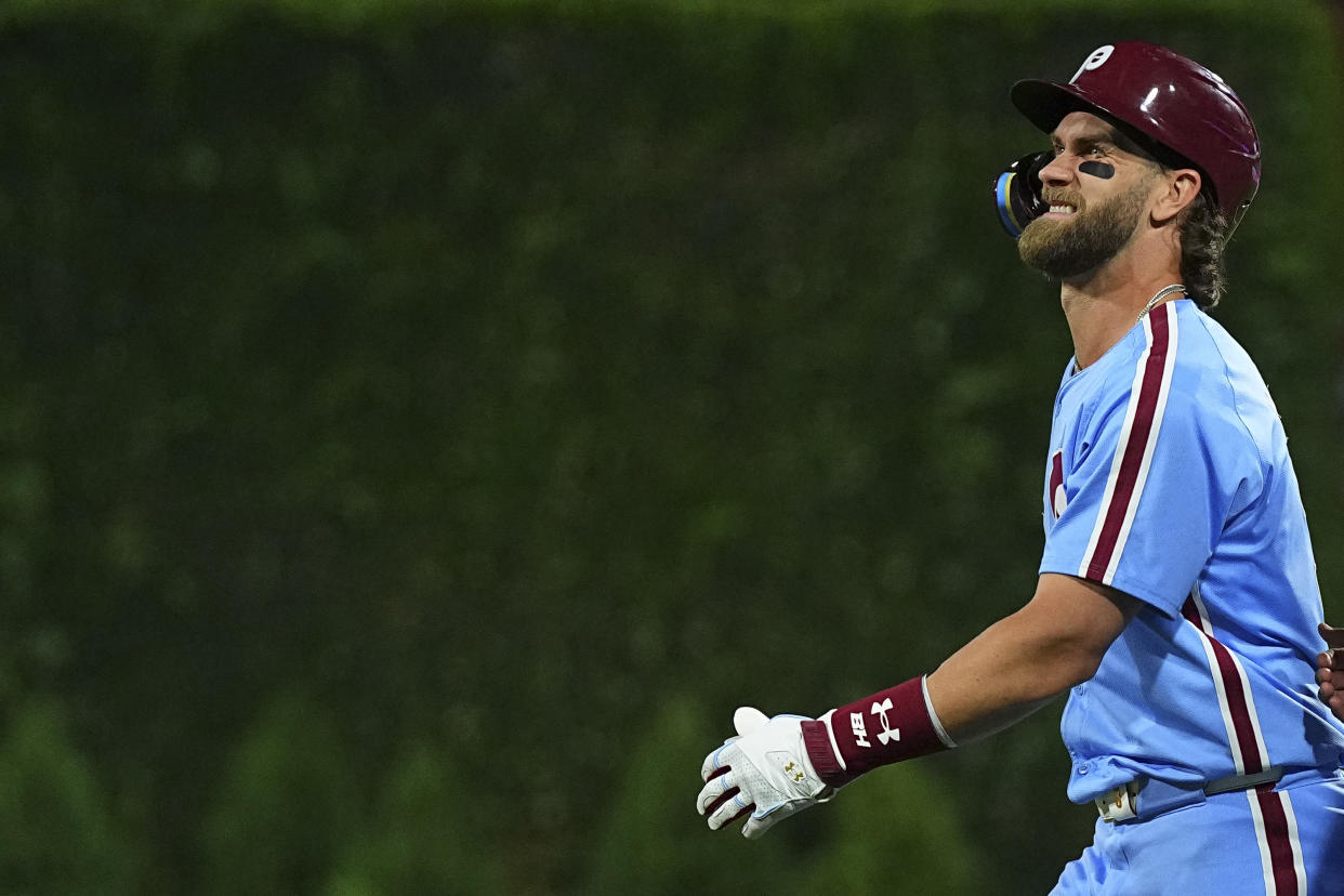 PHILADELPHIA, PENNSYLVANIA - JUNE 27: Bryce Harper #3 of the Philadelphia Phillies reacts after an injury in the bottom of the ninth inning against the Miami Marlins at Citizens Bank Park on June 27, 2024 in Philadelphia, Pennsylvania. The Marlins defeated the Phillies 7-4. (Photo by Mitchell Leff/Getty Images)