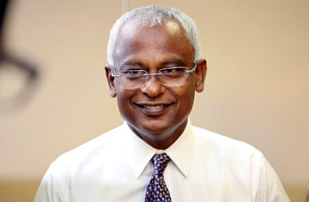 Maldivian joint opposition presidential candidate Ibrahim Mohamed Solih speaks to the media at the end of the presidential election day in Male, Maldives September 23, 2018. REUTERS/Ashwa Faheem