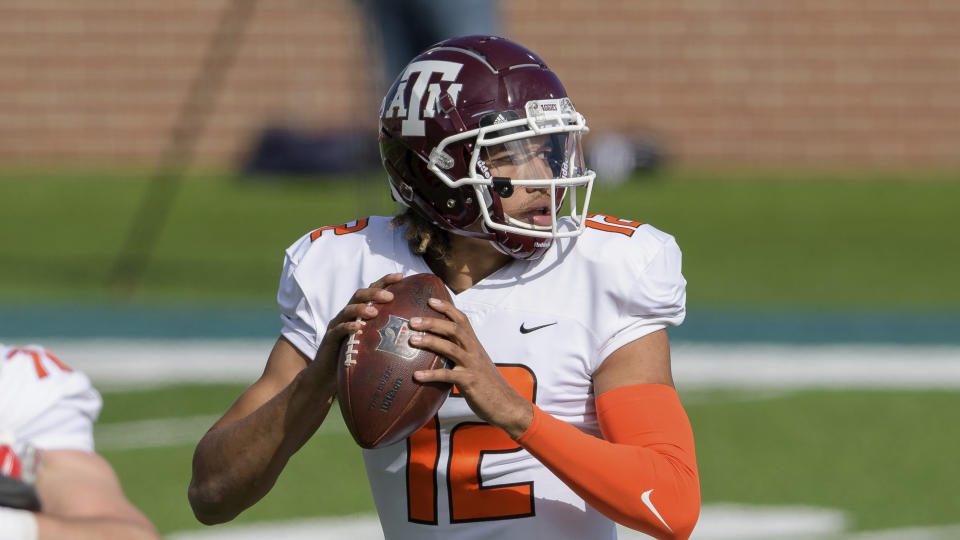 Texas A&M QB Kellen Mond had a solid Senior Bowl and brings four years of starting experience into the NFL. (AP Photo/Matthew Hinton)