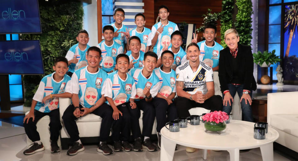 Ellen DeGeneres surprised the Thai youth soccer team that was trapped in a cave this summer on her show on Monday, bringing out LA Galaxy star Zlatan Ibrahimovic. (Michael Rozman/Warner Bros.)