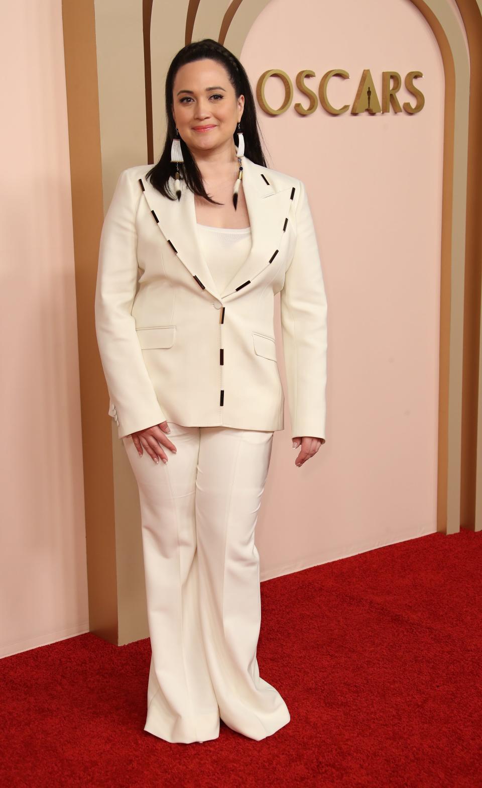 Lily Gladstone arrives at the 96th Oscars nominees luncheon at the Beverly Hilton in Beverly Hills, Calif. on Monday, Feb. 12, 2024.