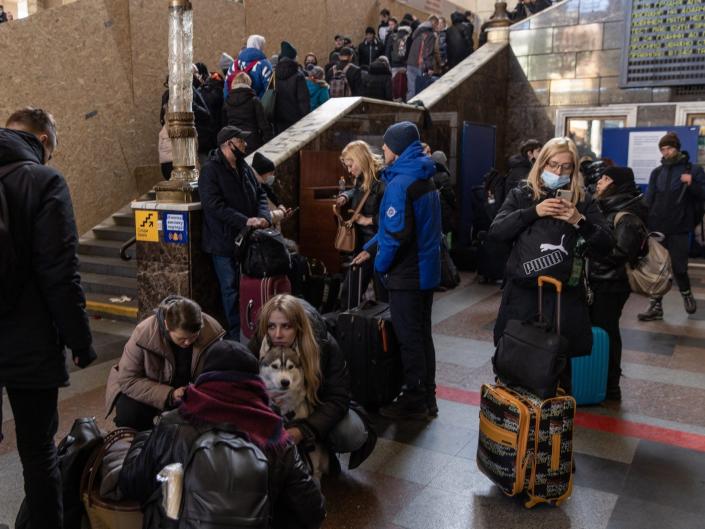 People wait for trains at the Kyiv train station on February 28, 2022 in Kyiv, Ukraine.