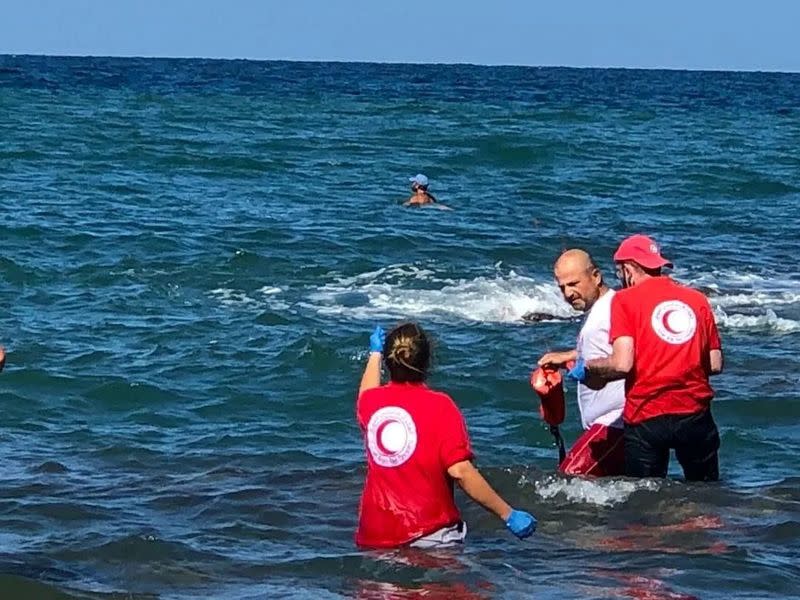 Members of Syrian Red Crescent work by a shoreline in Tartous