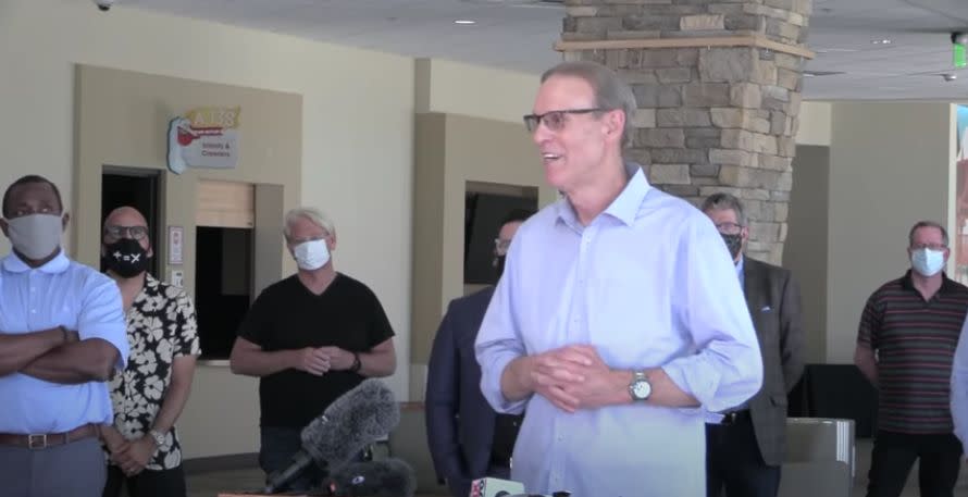 Pastor Dan Carroll and other pastors gather at Water of Life Community Church in Fontana, California, on May 7, for a press conference announcing their plans to reopen this month.  (Photo: YouTube Screenshot / shilohtc)