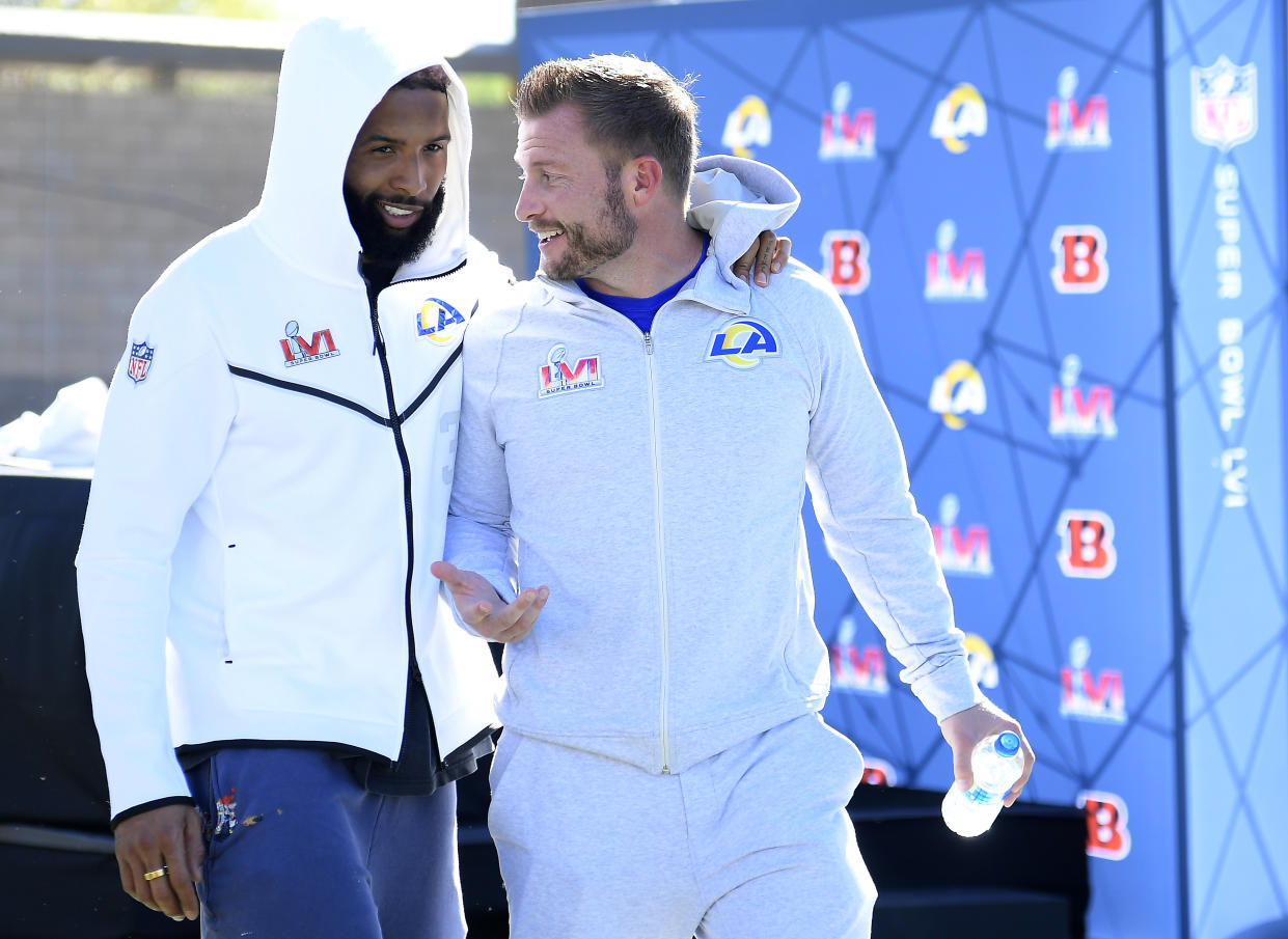 THOUSAND OAKS, CALIFORNIA - FEBRUARY 11: Odell Beckham Jr. #3 and head coach Sean McVay of the Los Angeles Rams head back to the field after speaking to the media during practice in preparation for Super Bowl LVI at California Lutheran University on February 11, 2022 in Thousand Oaks, California. (Photo by Kevork Djansezian/Getty Images)