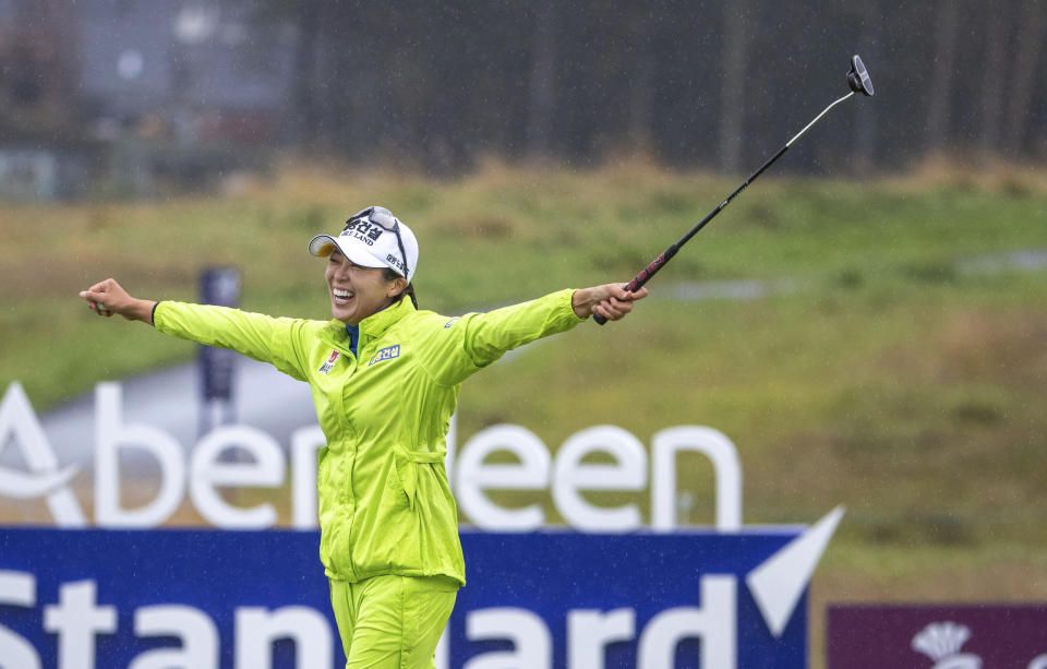 South Korea's Mi Jung Hur celebrates holing her birdie putt to win the Ladies Scottish Open at The Renaissance Club in North Berwick, Scotland, Sunday Aug. 11, 2019. (Kenny Smith/PA via AP)