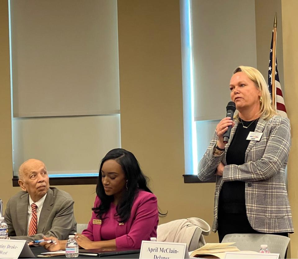 April McClain-Delaney speaks during a U.S. Congressional District Six forum hosted by the Washington County chapter of the NAACP in Hagerstown, Maryland on April 6, 2024.