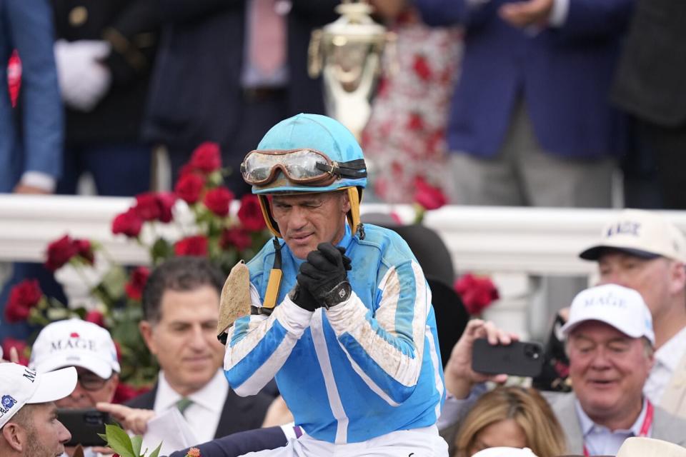 Jockey Javier Castellano rejoices after riding Mage to a victory in the Kentucky Derby on May 6, 2023.