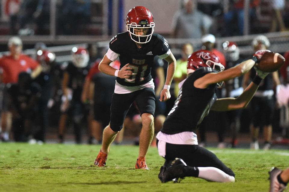 Vero Beach High School’s Jesse Lewis (81) kicks a 27-yard field goal in overtime to send his team to a 10-7 overtime victory during a football game against Treasure Coast on Oct. 28, 2022, in Vero Beach. 
