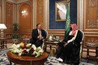 U.S. Secretary of State Mike Pompeo meets with the Saudi Crown Prince Mohammed bin Salman in Riyadh, Saudi Arabia, Tuesday Oct. 16, 2018. Pompeo also met on Tuesday with Saudi King Salman over the disappearance and alleged slaying of Saudi writer Jamal Khashoggi, who vanished two weeks ago during a visit to the Saudi Consulate in Istanbul. (Leah Millis/Pool via AP)