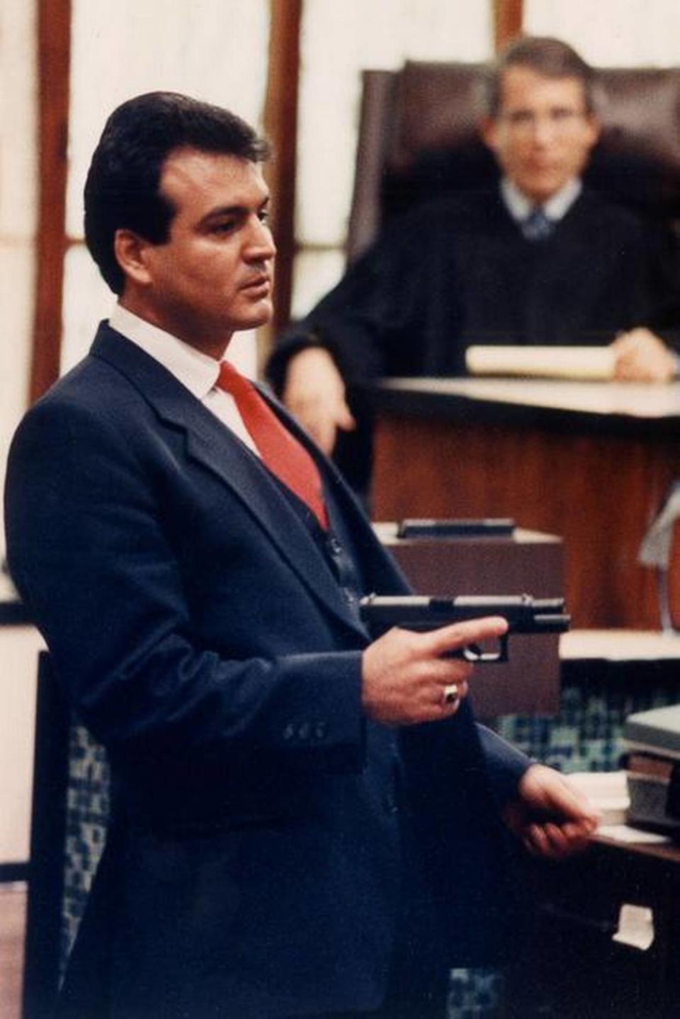 Miami Police Officer William Lozano testifies at his 1989 manslaughter trial for shooting motorcyclist Clement Lloyd. Lloyd and his passenger Allan Blanchard were both killed. Lozano was the last officer in Florida convicted in a police shooting but the verdict was later overturned.