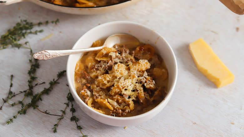 French Onion Soup Pasta in a Bowl