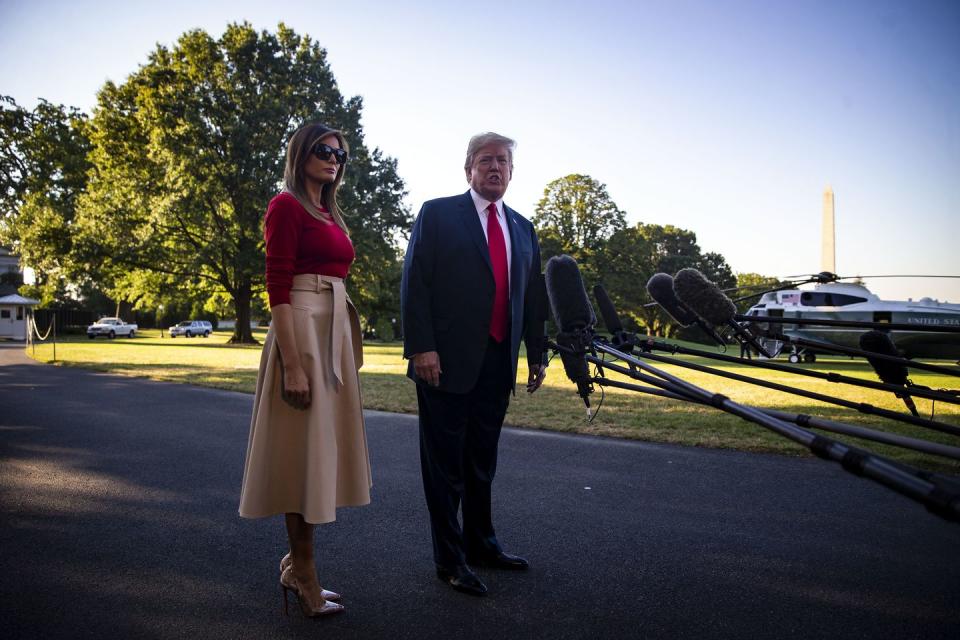 <p>Melania wore this heavy wool Gucci look while speaking to the press en route to Belgium for the NATO Summit in December 2019.</p>