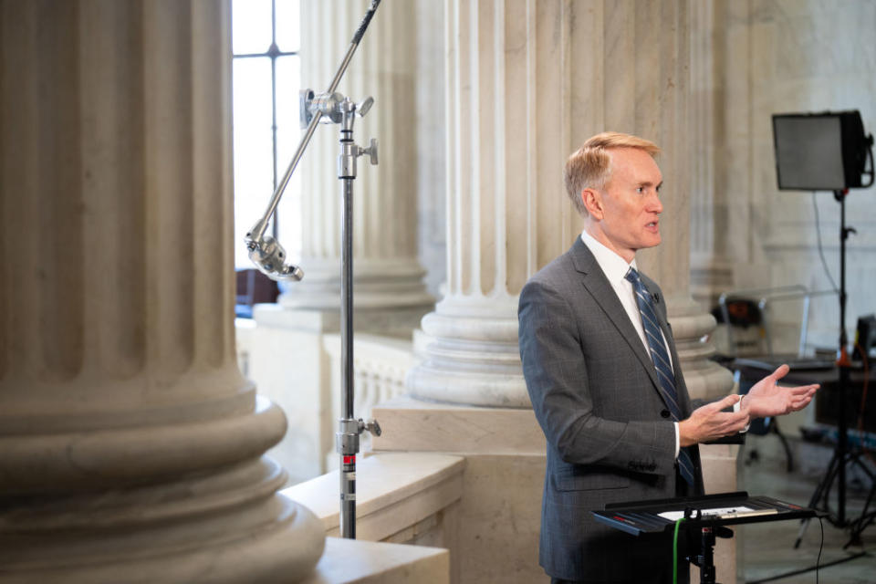 GOP Sen. James Lankford of Oklahoma does a TV interview on the bipartisan immigration bill in the Russell Senate Office Building rotunda on Monday, February 5, 2024. (Bill Clark/CQ-Roll Call, Inc via Getty Images)
