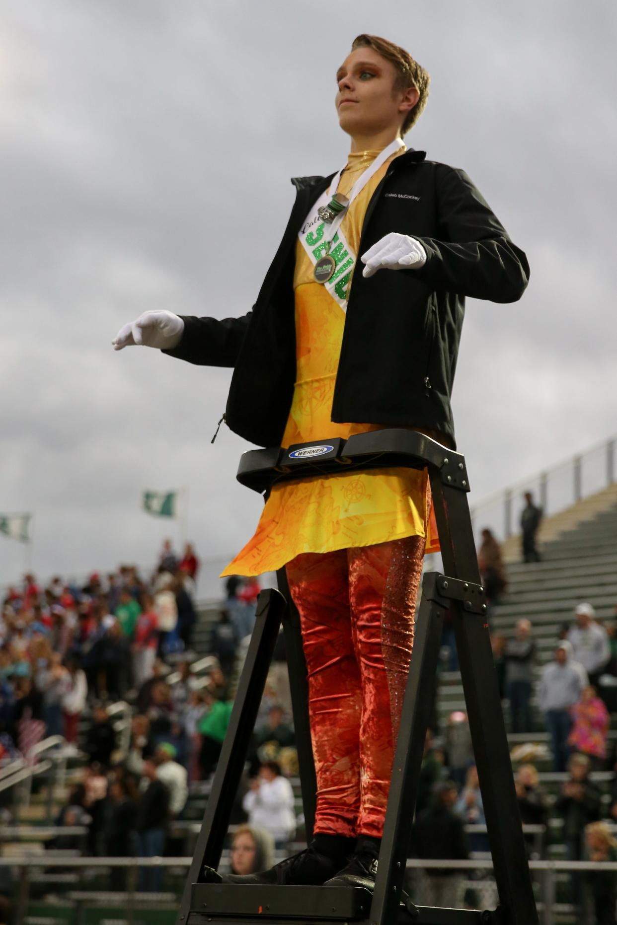 Westfield band leader conducts the music as the band plays during Westfield vs Fishers high school IHSAA football, Friday, Oct 6, 2023; Westfield, IN, USA; at Westfield High School.