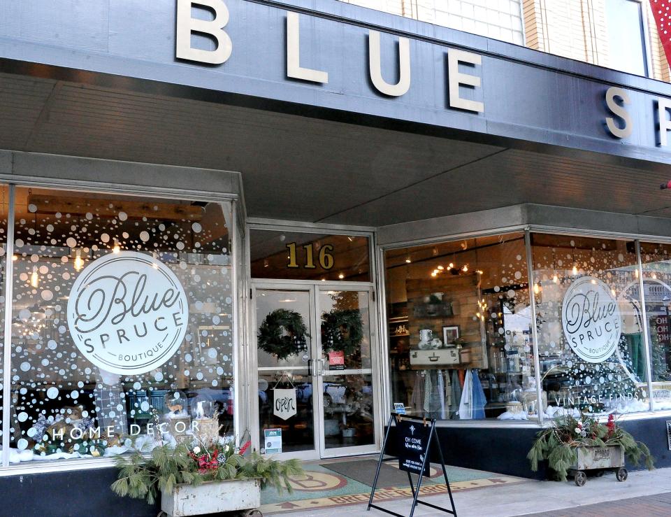 Blue Spruce exterior in downtown Wooster is ready for Christmas. It features clothing, accessories and more.