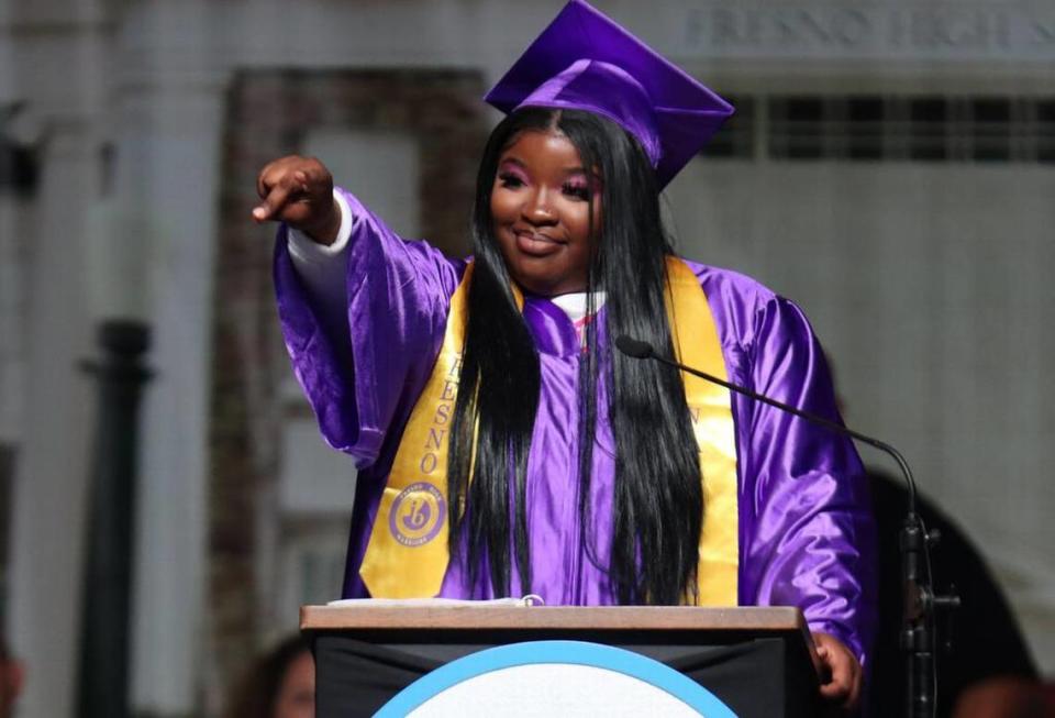 Student speaker Teasia Young thanked her family during the Fresno High graduation ceremony held at the Save Mart Center on June 5, 2023.