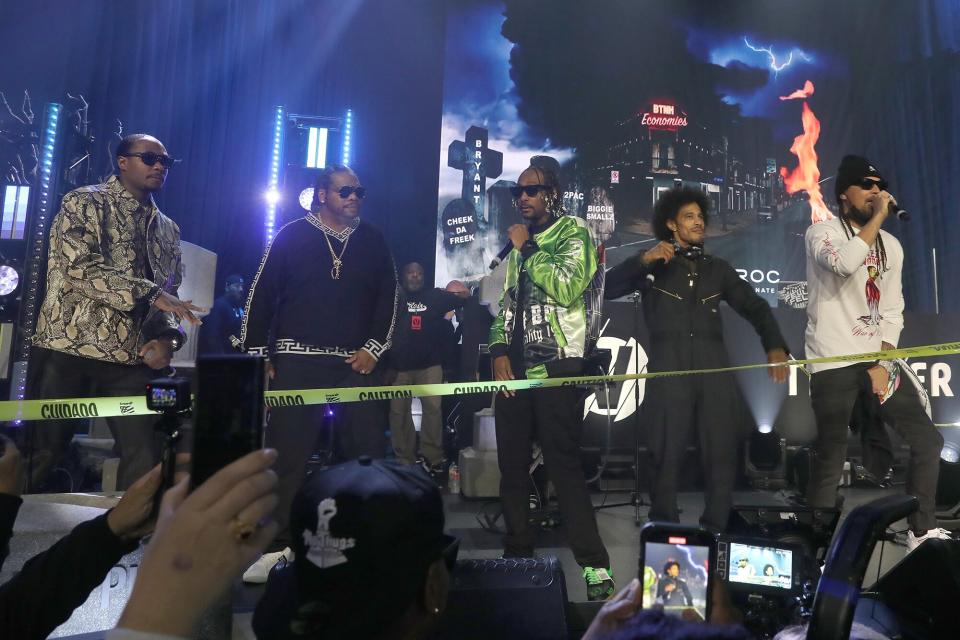 LOS ANGELES, CALIFORNIA - DECEMBER 02: (L-R) Flesh-n-Bone, Wish Bone, Krayzie Bone, Layzie Bone and Bizzy Bone perform onstage during VERZUZ Bone Thugs-N-Harmony And Three 6 Mafia at Hollywood Palladium on December 02, 2021 in Los Angeles, California. (Photo by Johnny Nunez/WireImage)