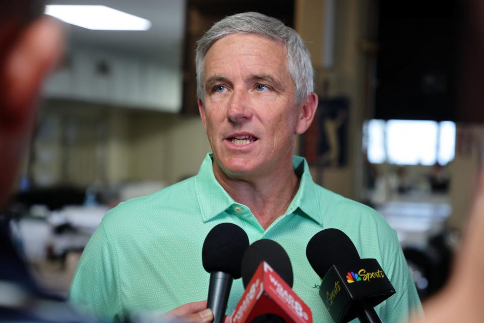 PGA Tour commissioner Jay Monahan speaks to the media ahead of the 2024 John Deere Classic at TPC Deere Run. (Stacy Revere/Getty Images)