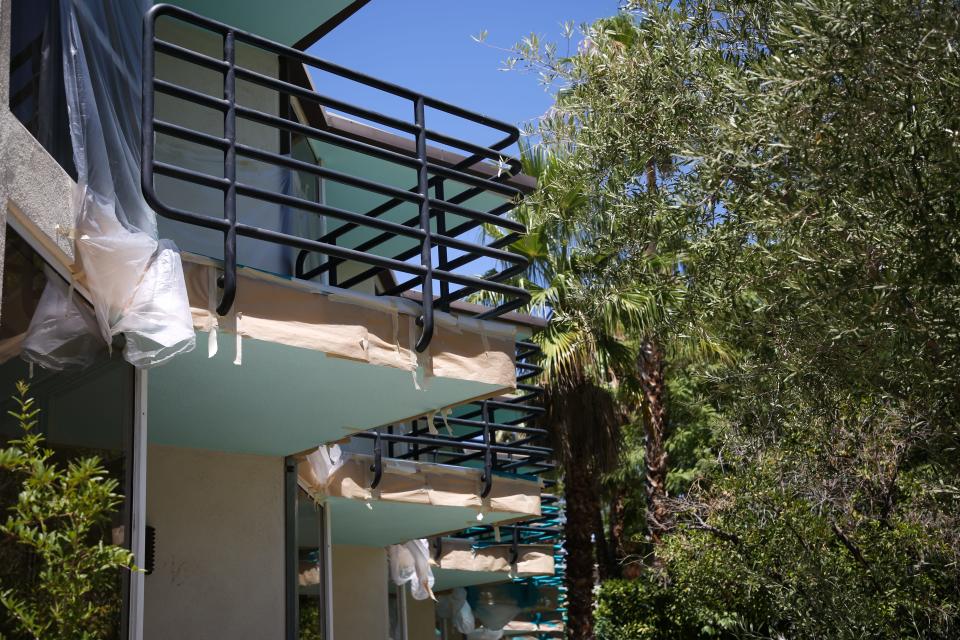 Balconies at the Riviera hotel are renovated on Wednesday, August 5, 2020. The hotel sits on the corner of Indian Canyon Drive and Vista Chino. It opened in 1959.